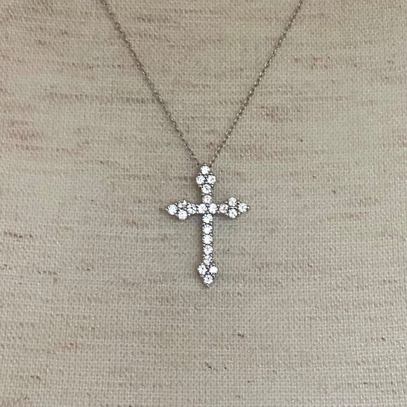 Sterling Silver 925 Dainty Round Prong Set White Sapphire Cross Necklace 18" - Picture 6 of 16